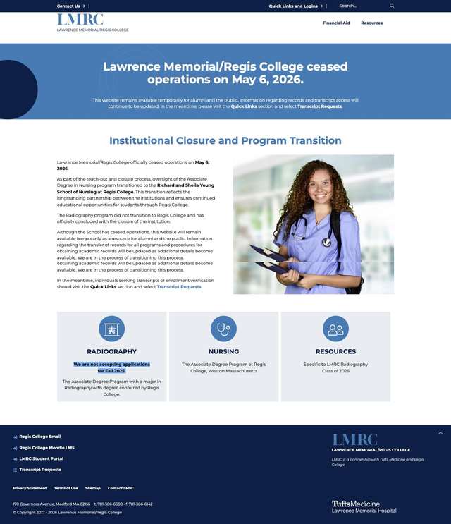 Lawrence Memorial Regis College website full page screenshot